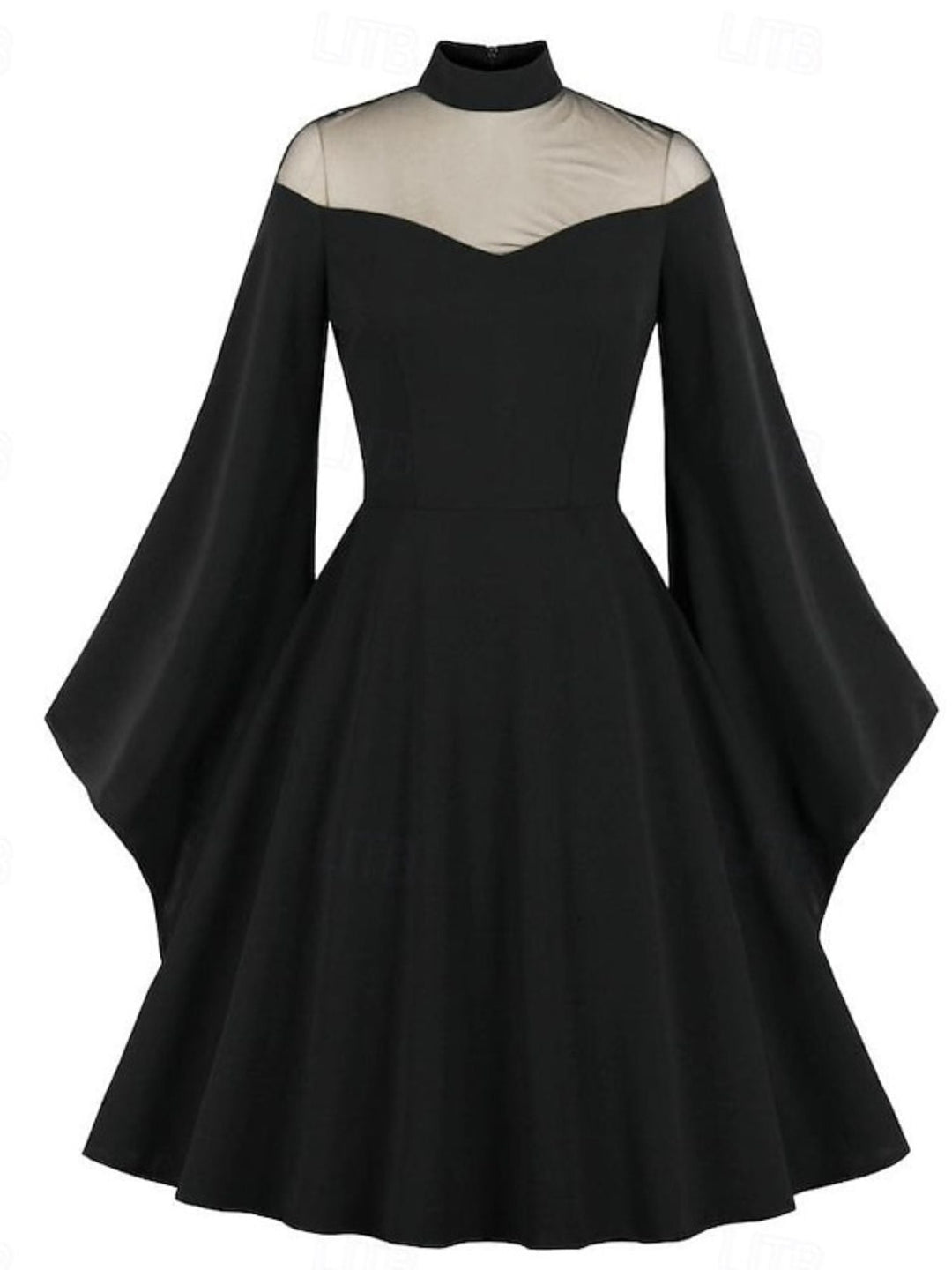 Robe Trapèze/Princesse Unie à Col Haut et Manches Longues Au Genou, Tenue Vintage de Spectacle D'Halloween