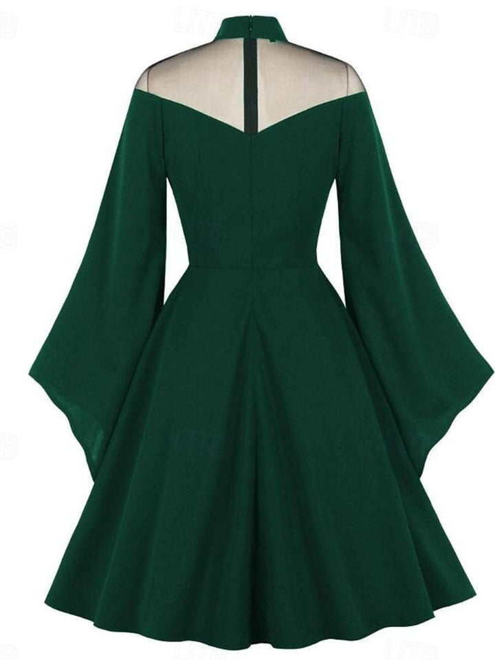 Robe Trapèze/Princesse Unie à Col Haut et Manches Longues Au Genou, Tenue Vintage de Spectacle D'Halloween