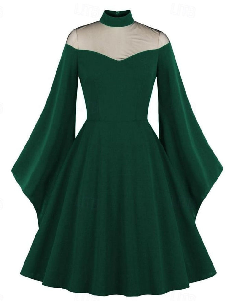 Robe Trapèze/Princesse Unie à Col Haut et Manches Longues Au Genou, Tenue Vintage de Spectacle D'Halloween