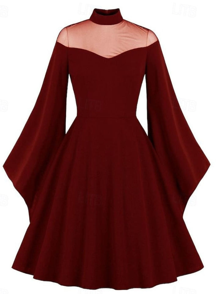 Robe Trapèze/Princesse Unie à Col Haut et Manches Longues Au Genou, Tenue Vintage de Spectacle D'Halloween