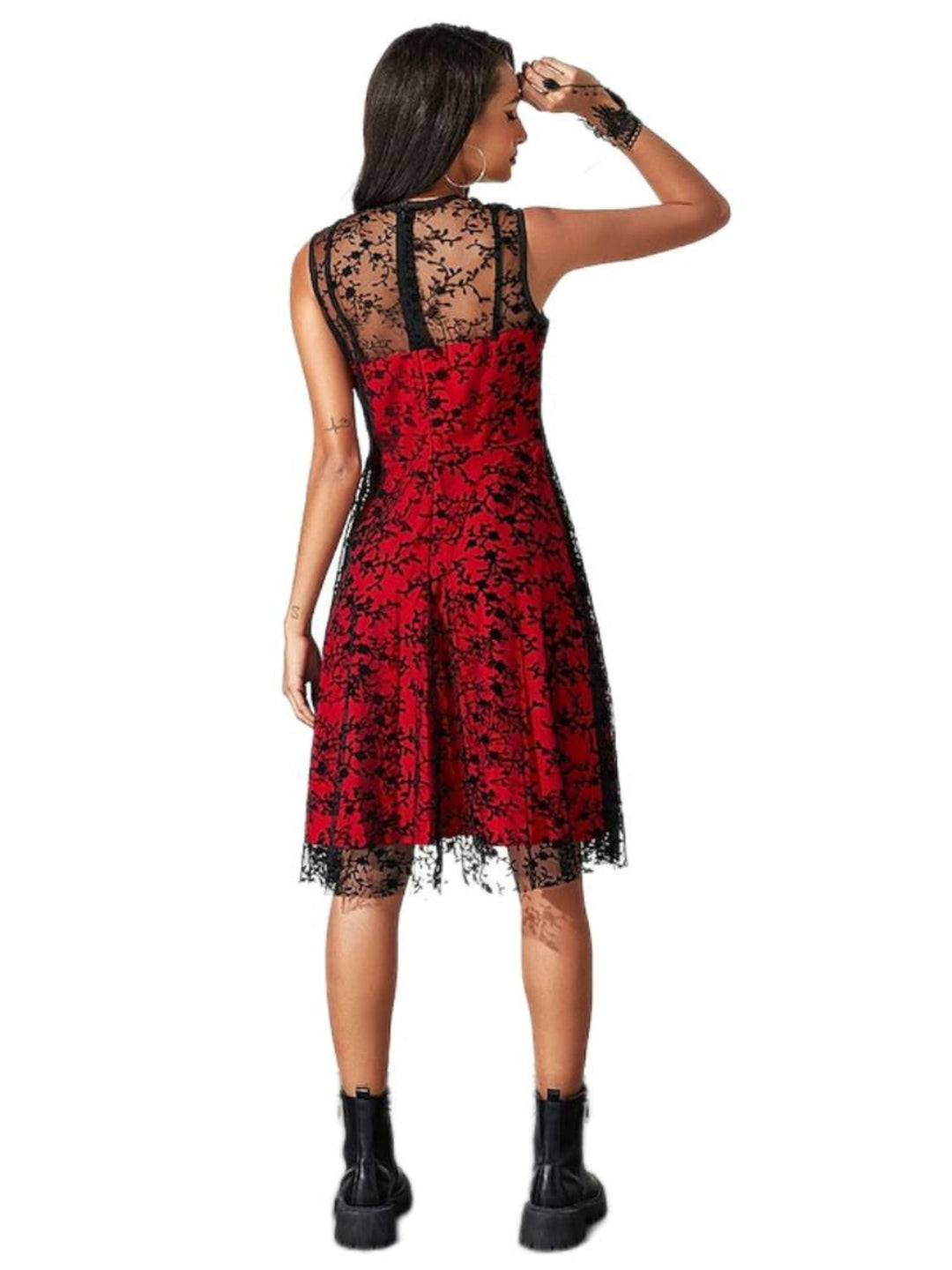 Robe Trapèze/Princesse Rétro avec Appliques en Dentelle, Col Ras Du Cou, Sans Manches, Longueur Genou, Costume de Spectacle D'Halloween