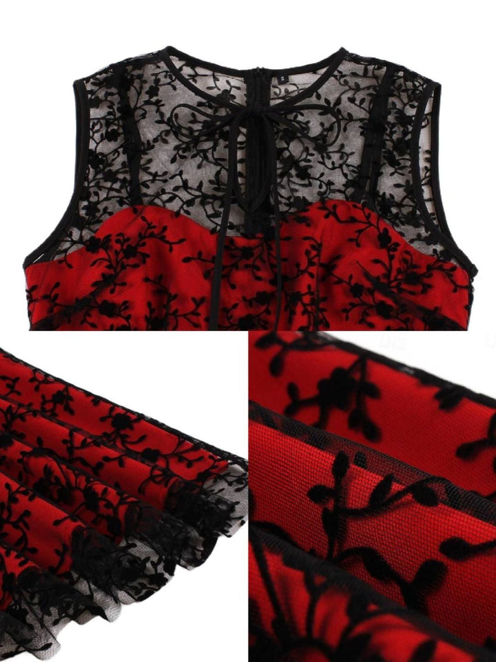 Robe Trapèze/Princesse Rétro avec Appliques en Dentelle, Col Ras Du Cou, Sans Manches, Longueur Genou, Costume de Spectacle D'Halloween