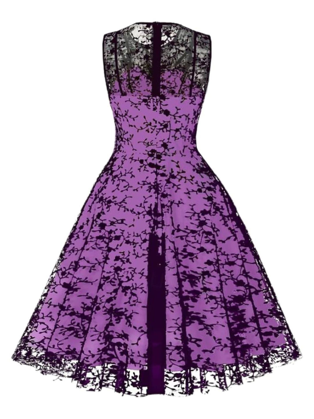 Robe Trapèze/Princesse Rétro avec Appliques en Dentelle, Col Ras Du Cou, Sans Manches, Longueur Genou, Costume de Spectacle D'Halloween