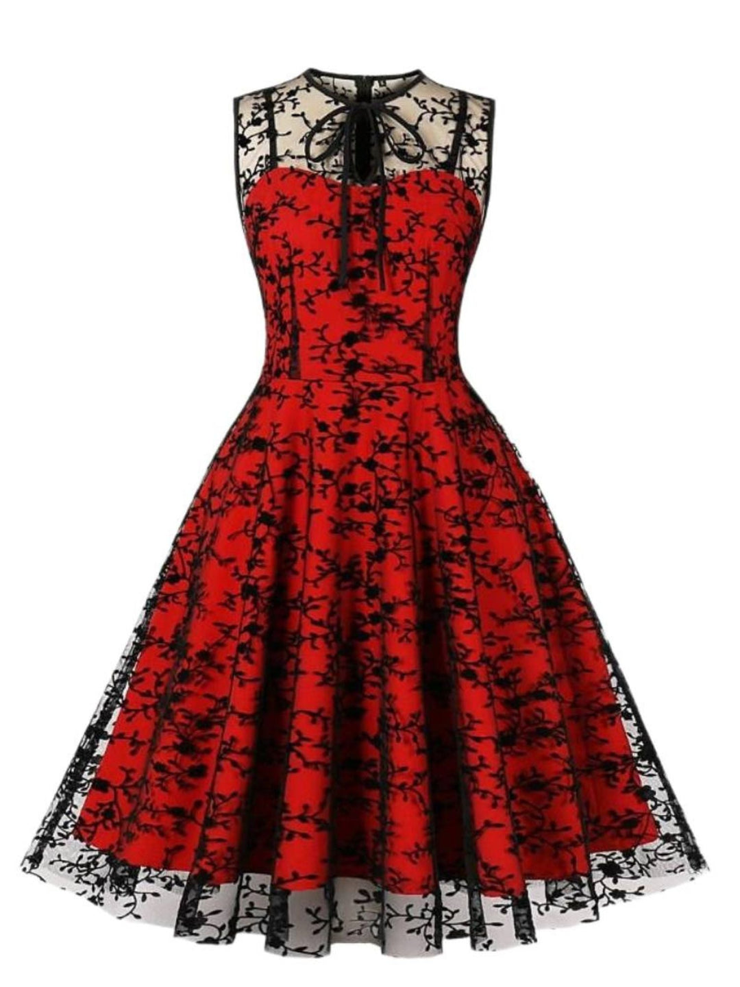 Robe Trapèze/Princesse Rétro avec Appliques en Dentelle, Col Ras Du Cou, Sans Manches, Longueur Genou, Costume de Spectacle D'Halloween