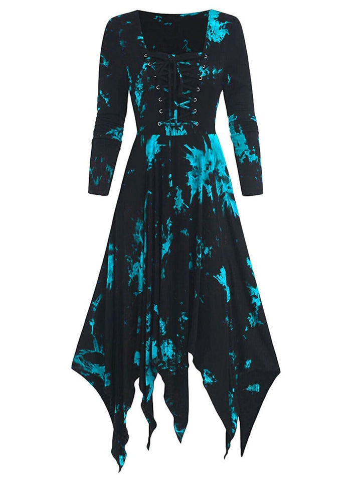 Robe Trapèze/Princesse Rétro Rouge à Col Carré et Manches 3/4 avec Cordon de Serrage Asymétrique et Imprimé pour Costumes de Spectacle D'Halloween