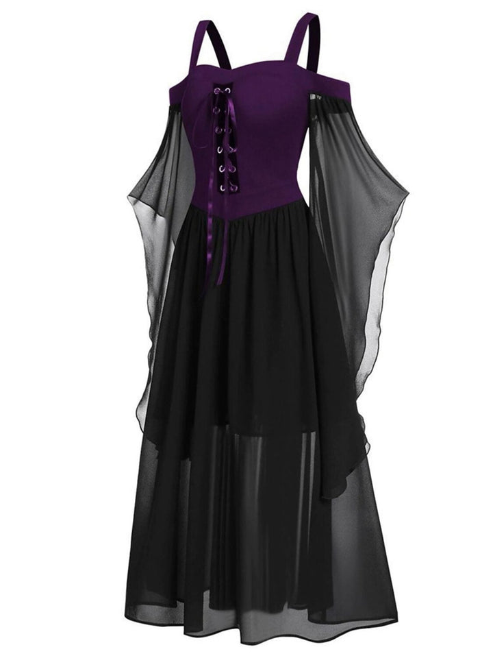 Robe Noire Trapèze/Princesse à Manches 3/4 et Col en Cœur, Longueur Genou, Style Rétro Gothique pour Halloween