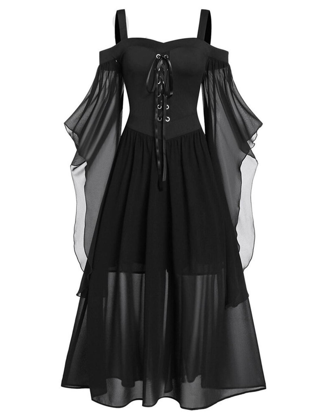 Robe Noire Trapèze/Princesse à Manches 3/4 et Col en Cœur, Longueur Genou, Style Rétro Gothique pour Halloween