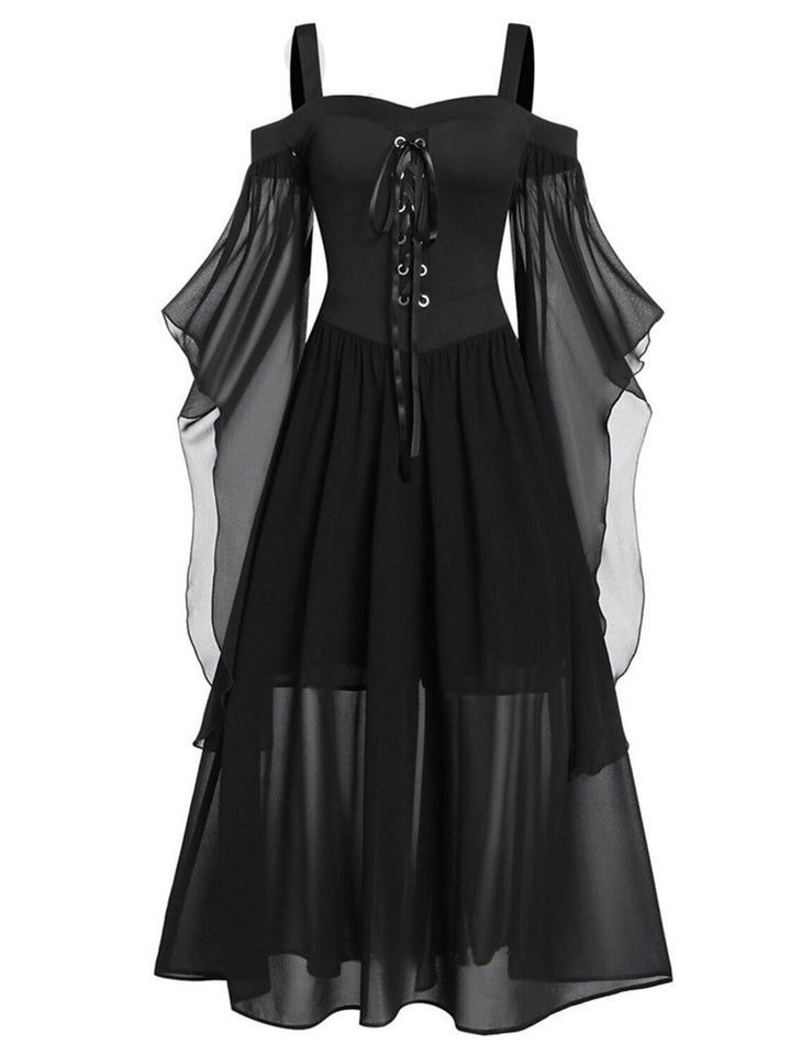 Robe Noire Trapèze/Princesse à Manches 3/4 et Col en Cœur, Longueur Genou, Style Rétro Gothique pour Halloween