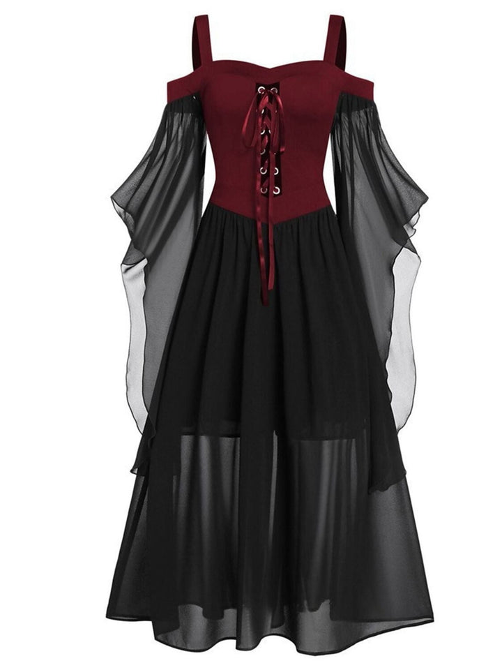 Robe Noire Trapèze/Princesse à Manches 3/4 et Col en Cœur, Longueur Genou, Style Rétro Gothique pour Halloween