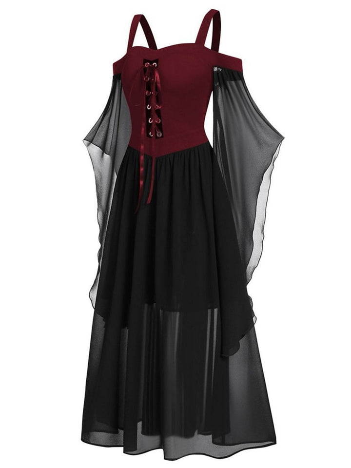 Robe Noire Trapèze/Princesse à Manches 3/4 et Col en Cœur, Longueur Genou, Style Rétro Gothique pour Halloween