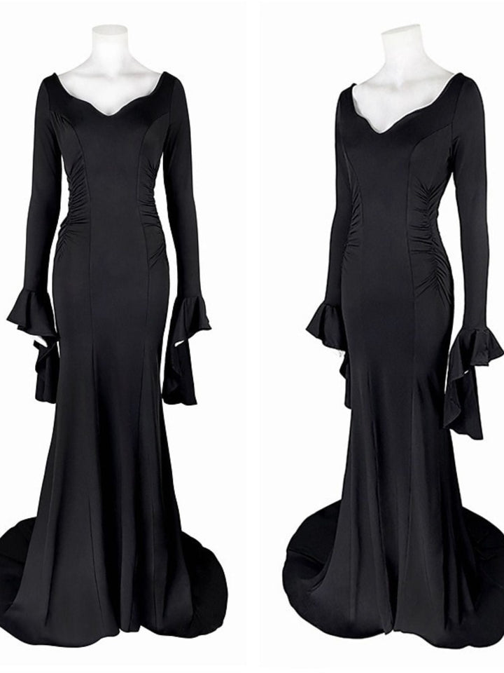 Robe de Costume de Performance D'Halloween Gothique Noire à Manches Longues et Col en V de Style Sirène/Trompette