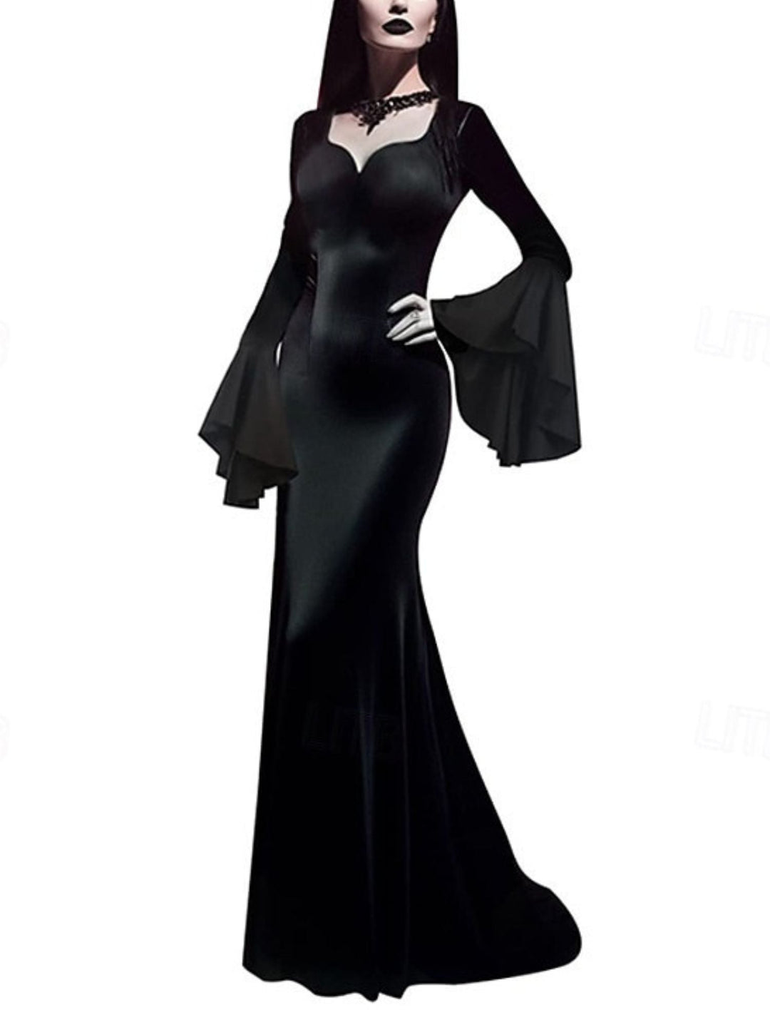 Robe de Costume de Performance D'Halloween Gothique Noire à Manches Longues et Col en V de Style Sirène/Trompette