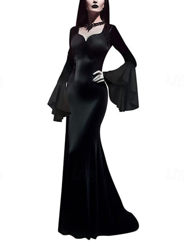 Robe de Costume de Performance D'Halloween Gothique Noire à Manches Longues et Col en V de Style Sirène/Trompette