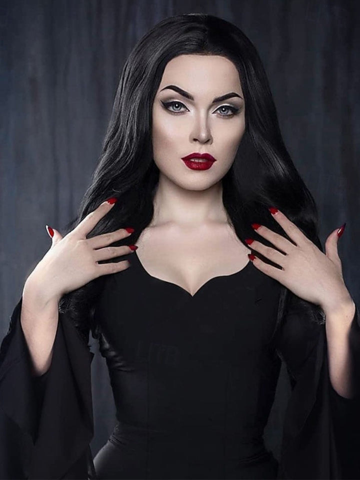 Robe de Costume de Performance D'Halloween Gothique Noire à Manches Longues et Col en V de Style Sirène/Trompette