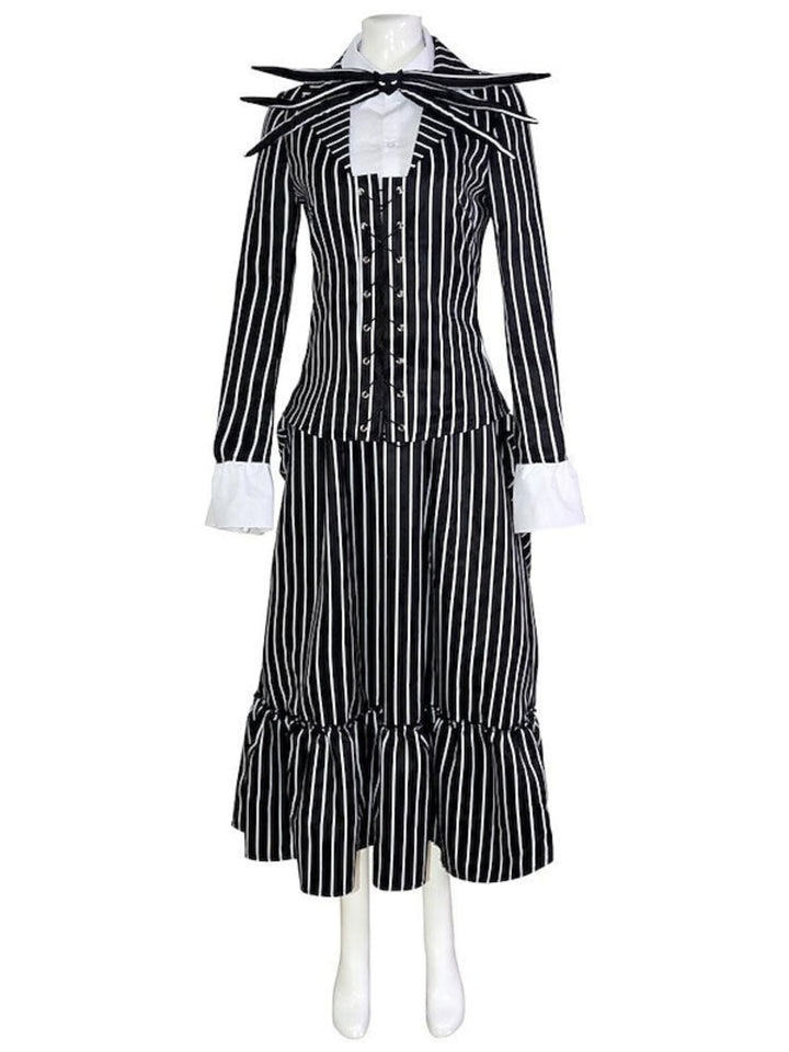 Costume de Mascarade Classique D'Halloween pour Couple avec Nœud Papillon et Chauve-Souris à Rayures Noires et Blanches