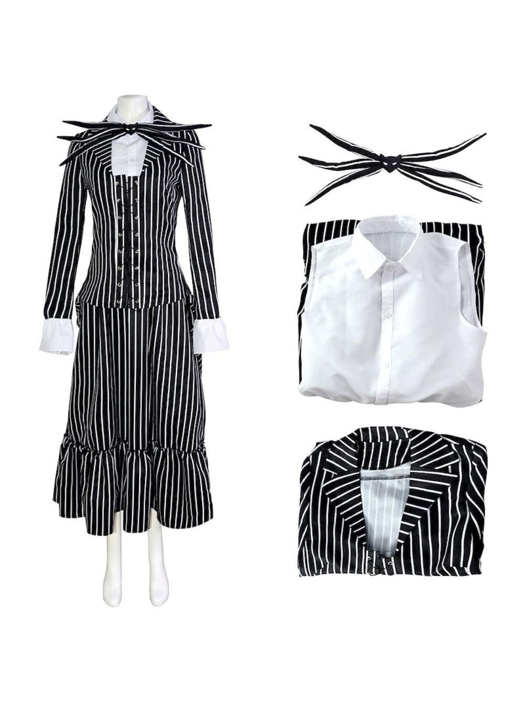 Costume de Mascarade Classique D'Halloween pour Couple avec Nœud Papillon et Chauve-Souris à Rayures Noires et Blanches