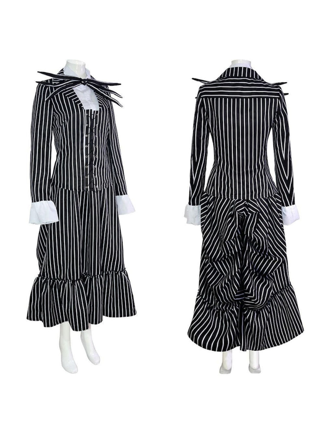 Costume de Mascarade Classique D'Halloween pour Couple avec Nœud Papillon et Chauve-Souris à Rayures Noires et Blanches