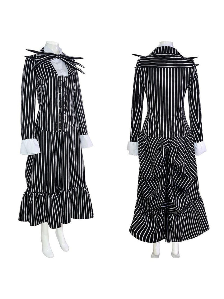 Costume de Mascarade Classique D'Halloween pour Couple avec Nœud Papillon et Chauve-Souris à Rayures Noires et Blanches