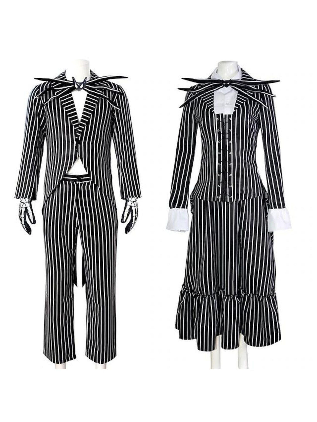 Costume de Mascarade Classique D'Halloween pour Couple avec Nœud Papillon et Chauve-Souris à Rayures Noires et Blanches