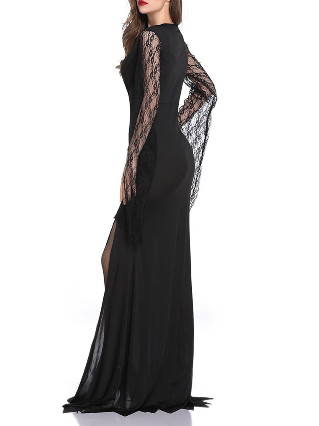 Robe de Costume D'Halloween Élégante Noire à Manches Longues et Col en V en Dentelle et à Col en V