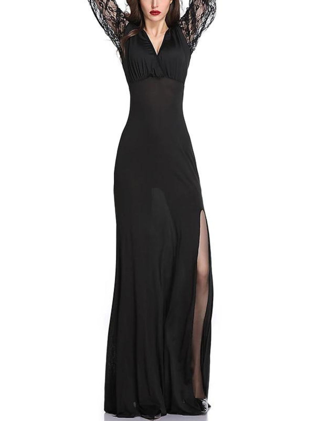 Robe de Costume D'Halloween Élégante Noire à Manches Longues et Col en V en Dentelle et à Col en V