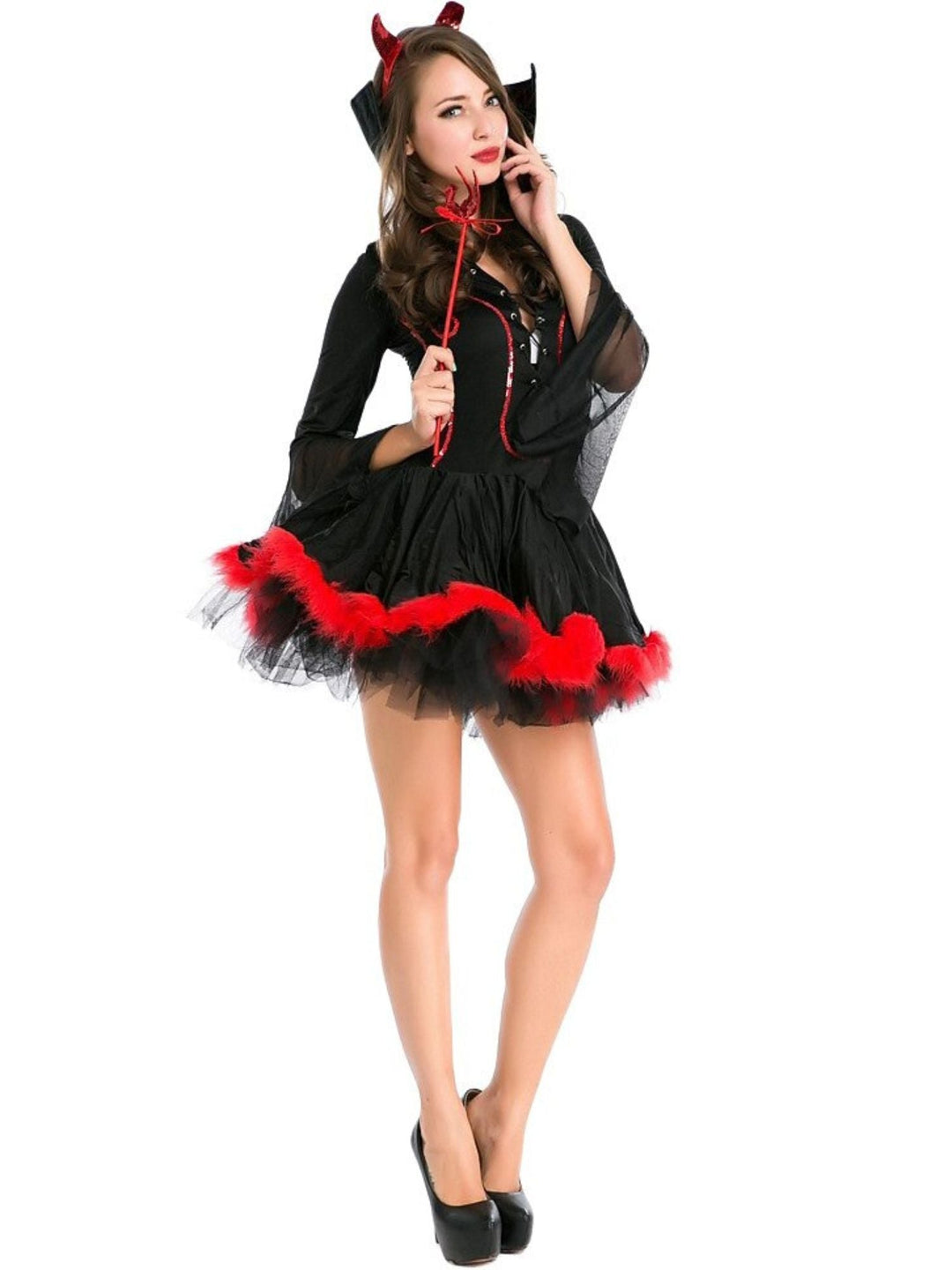 Ensemble de Robe de Costume Mini Sexy et Mignon à Bretelles et Col en V et Manches Mi-Longues pour Halloween