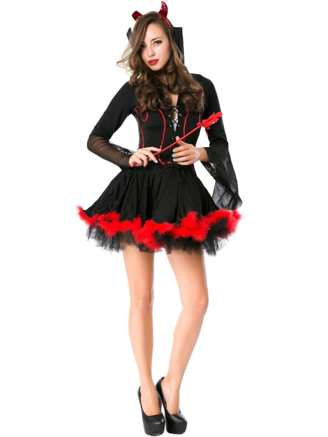 Ensemble de Robe de Costume Mini Sexy et Mignon à Bretelles et Col en V et Manches Mi-Longues pour Halloween