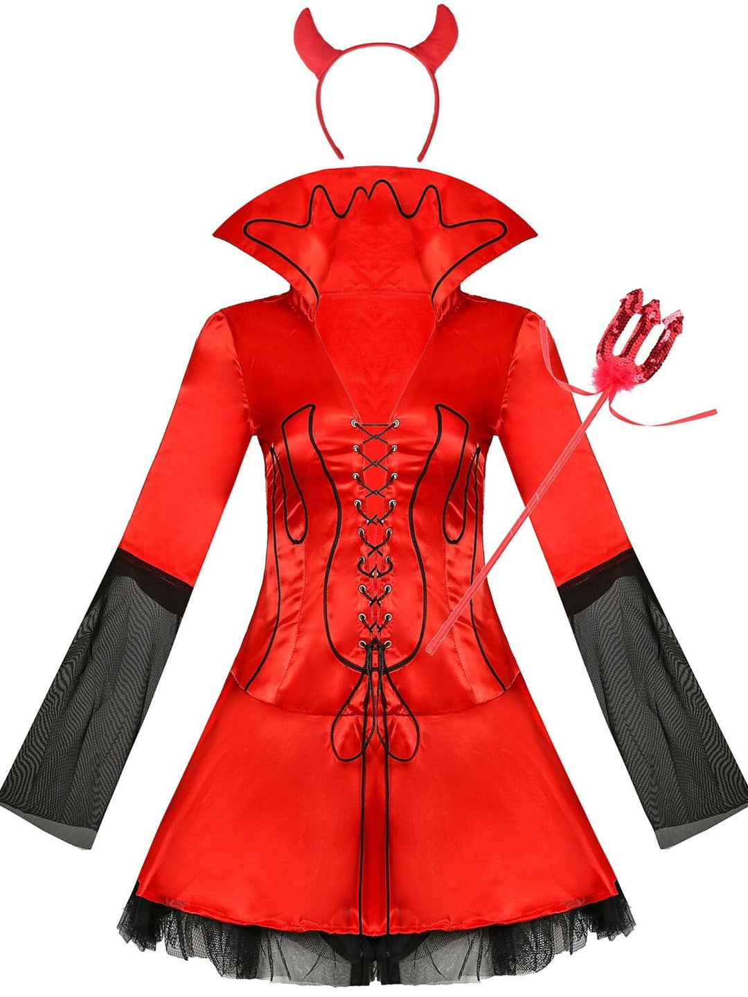 Ensemble de Robe de Costume Mini Sexy et Mignon à Bretelles et Col en V et Manches Mi-Longues pour Halloween