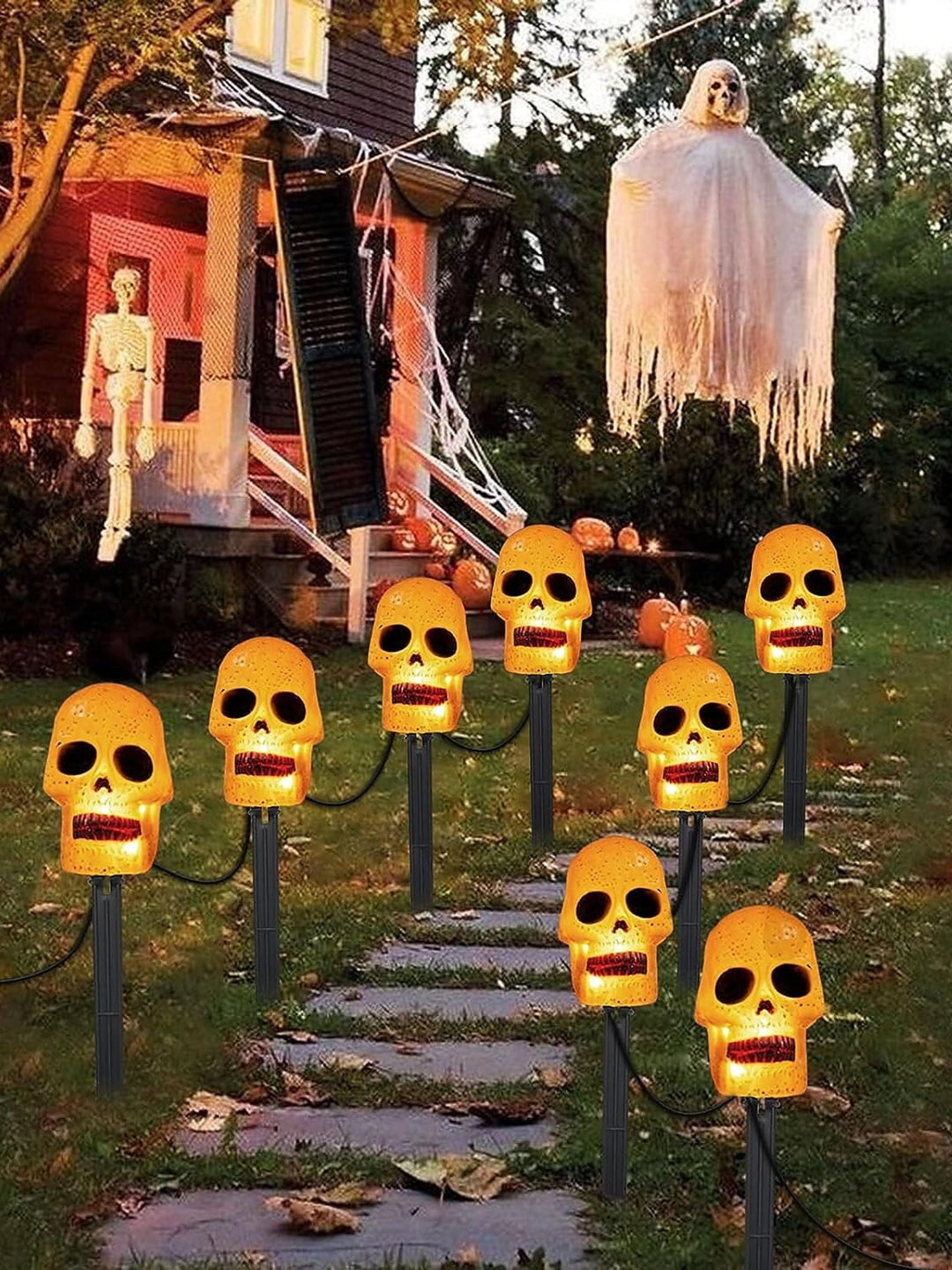 Lanterne Solaire de Décoration D'Horreur avec Tête de Mort et Citrouille pour Halloween