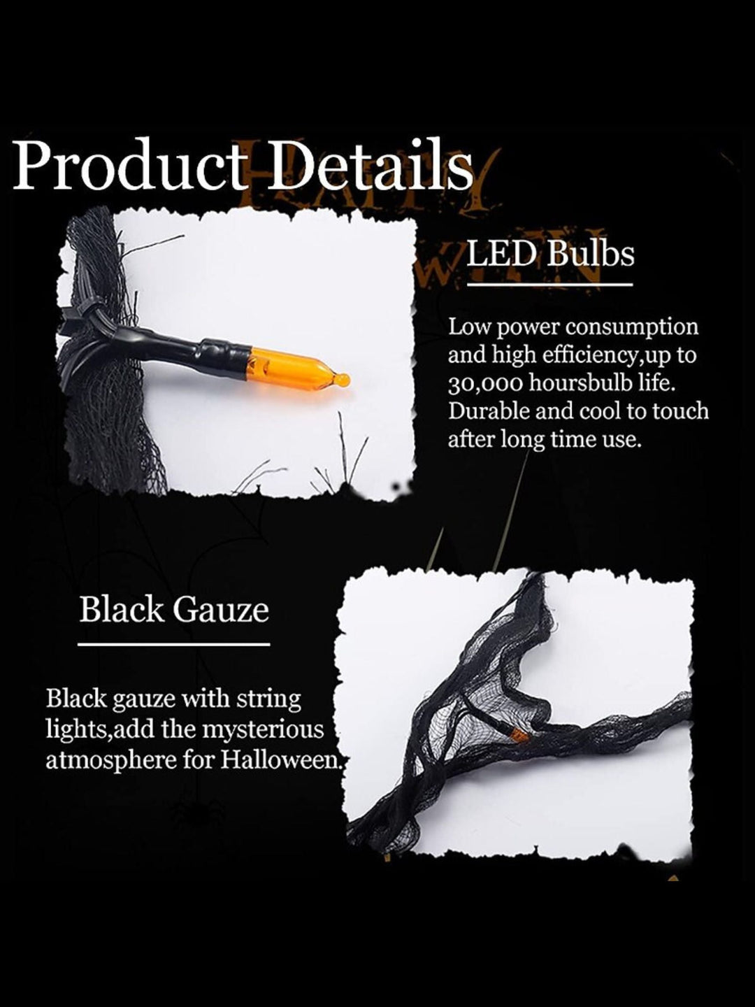 Guirlande Lumineuse D'Ambiance Gothique Horreur en Maille Noire pour Halloween