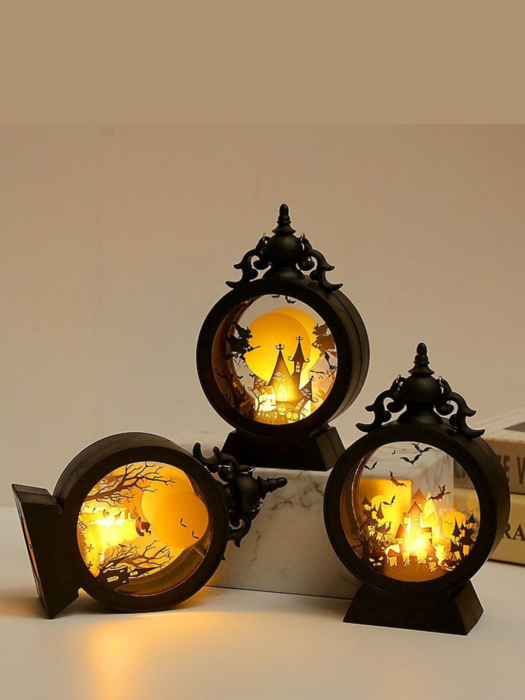 Lanterne Ronde Suspendue en Verre Rétro Noir, Accessoires de Jardin D'Halloween