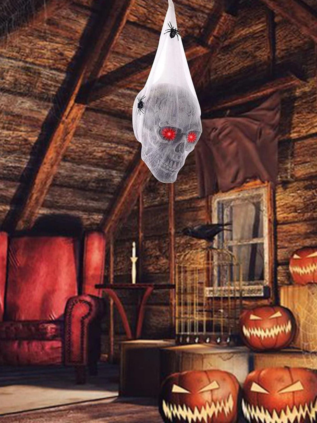 Décoration à Suspendre en Forme de Crâne et de Toile D'Araignée Aux Yeux Brillants pour Halloween