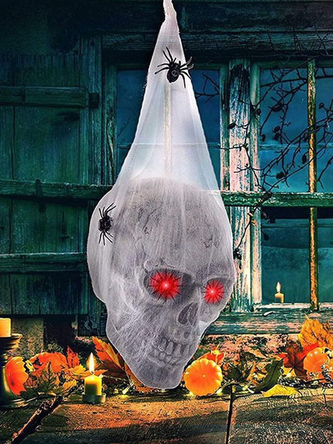 Décoration à Suspendre en Forme de Crâne et de Toile D'Araignée Aux Yeux Brillants pour Halloween