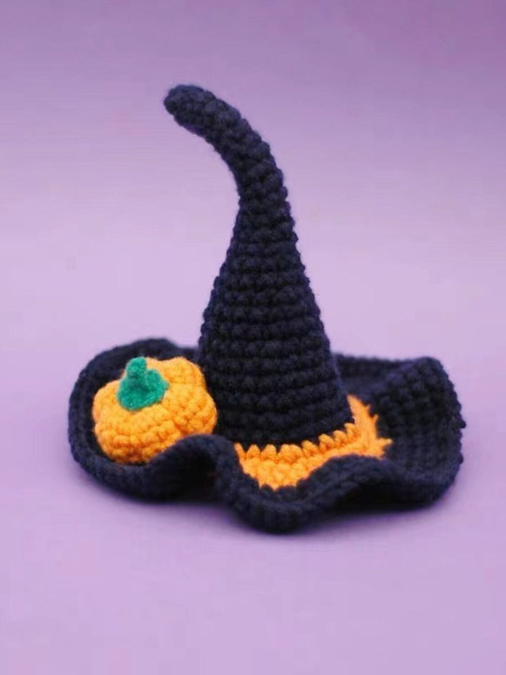 Chapeau de Sorcière en Tricot Bleu Foncé Mignon en Forme de Citrouille pour Halloween, Accessoires de Tir pour Animaux de Compagnie
