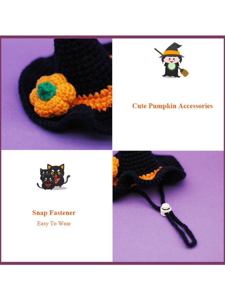 Chapeau de Sorcière en Tricot Bleu Foncé Mignon en Forme de Citrouille pour Halloween, Accessoires de Tir pour Animaux de Compagnie