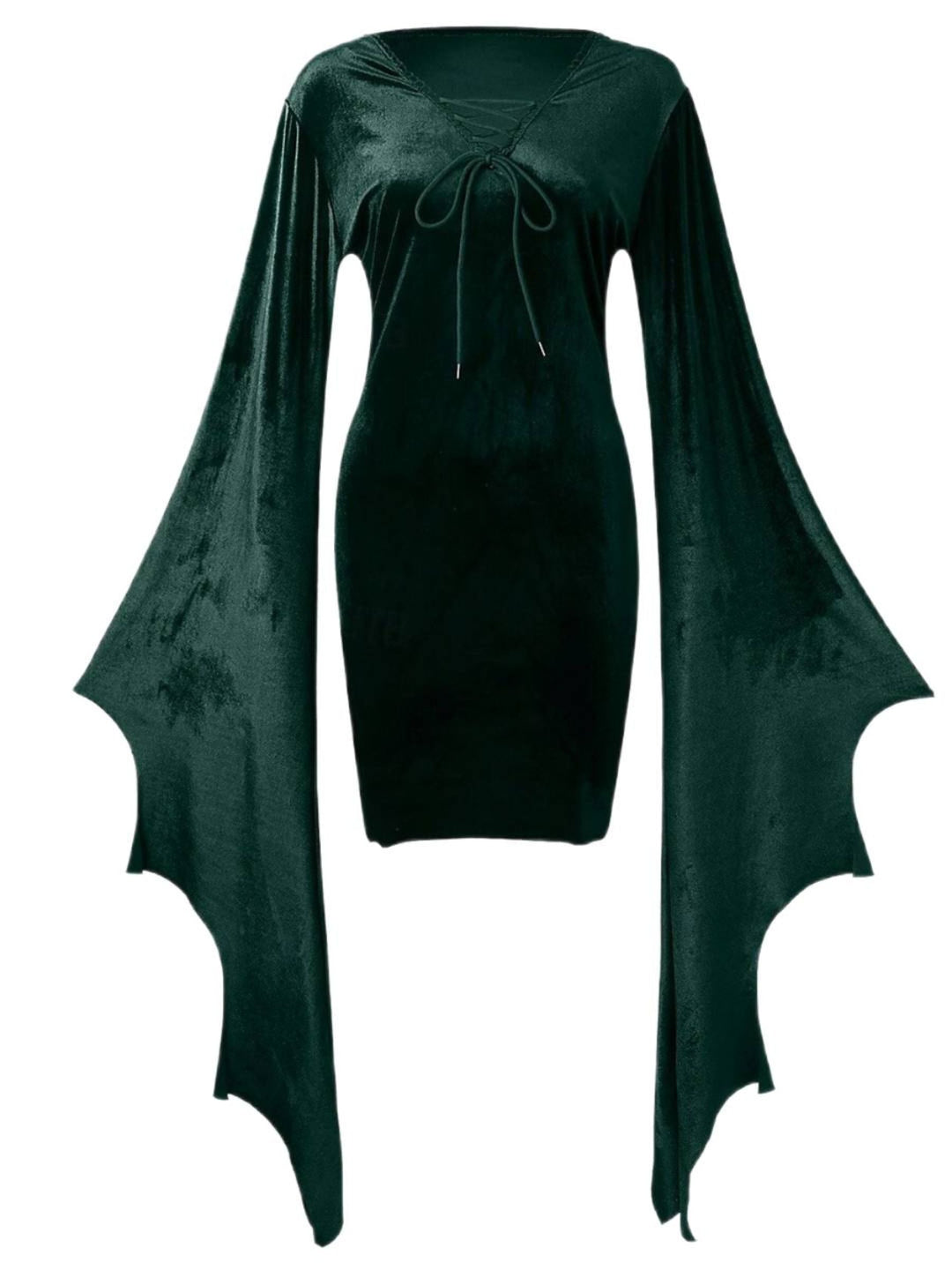Robe Fourreau/Colonne Verte à Col en V et Manches Longues Chauve-Souris, Courte/Mini, pour Costume de Spectacle D'Halloween