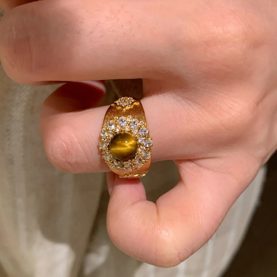 Bague De Luxe Vintage En Œil De Tigre Naturel Avec Strass Scintillants
