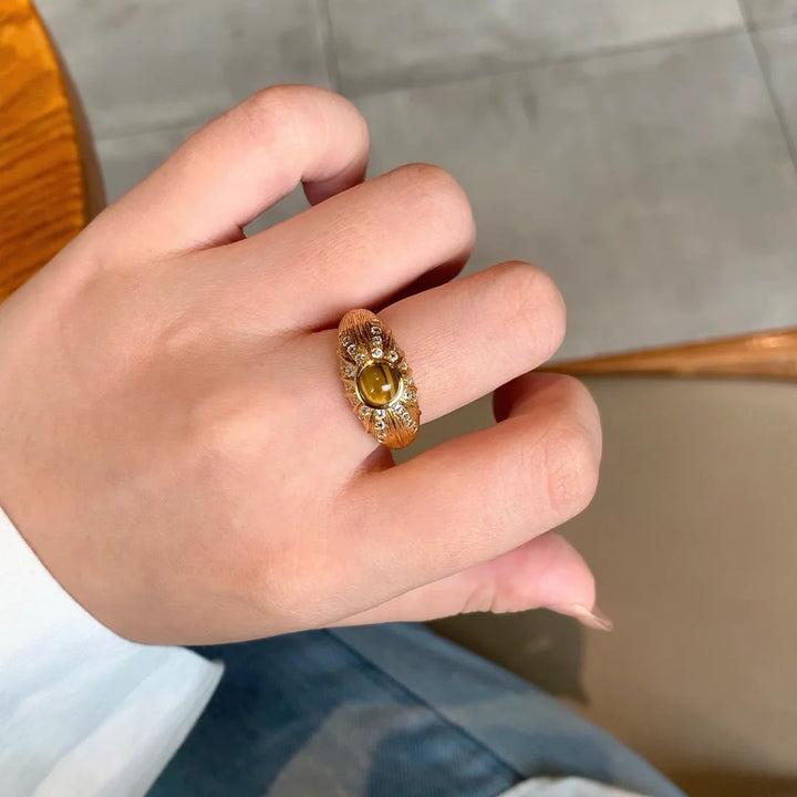Bague De Luxe Vintage En Œil De Tigre Naturel Avec Strass Scintillants