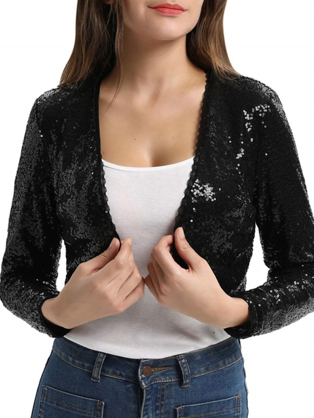 Veste Portefeuille à Paillettes à Manches Longues pour Femme avec Paillettes