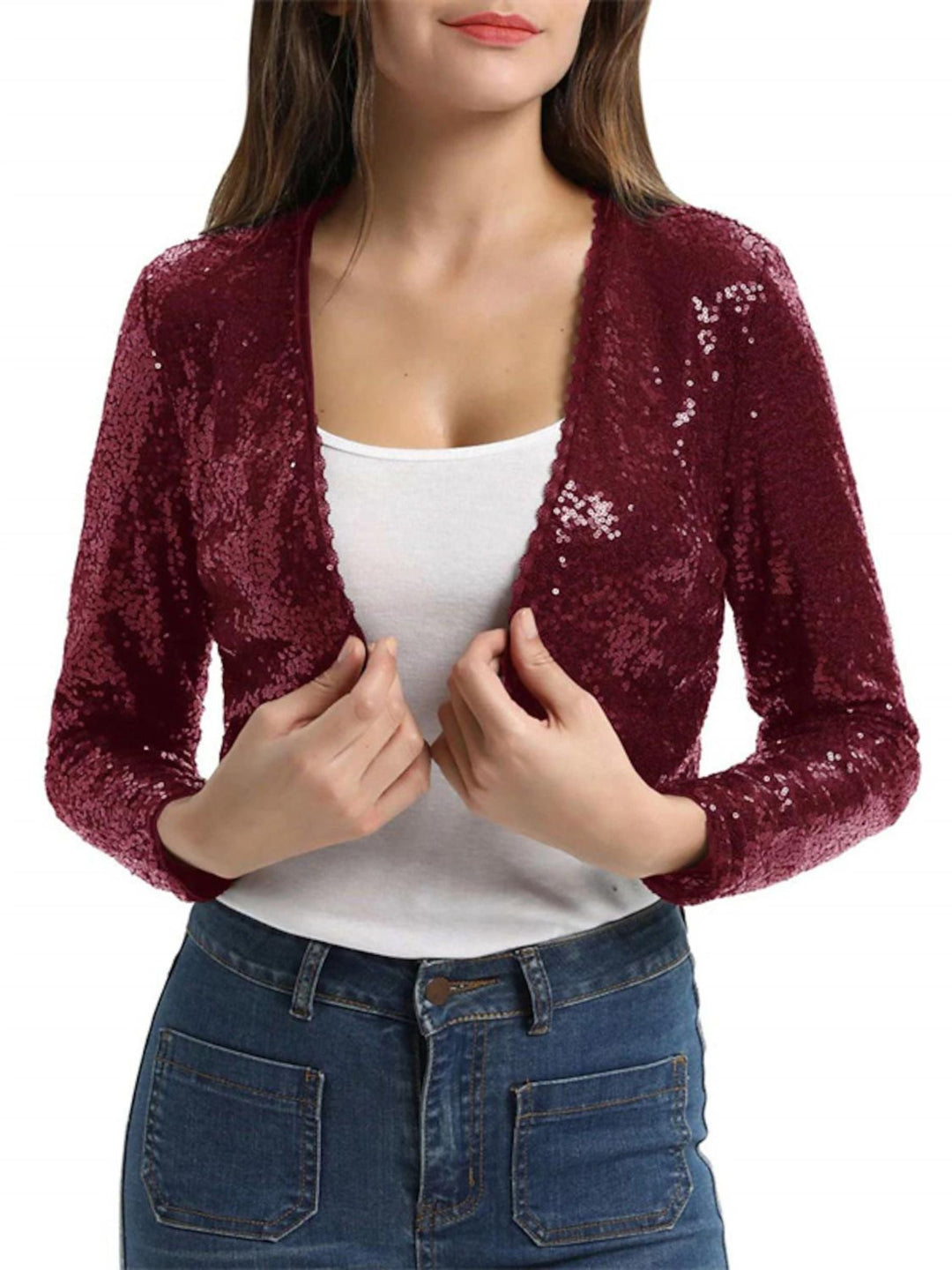 Veste Portefeuille à Paillettes à Manches Longues pour Femme avec Paillettes