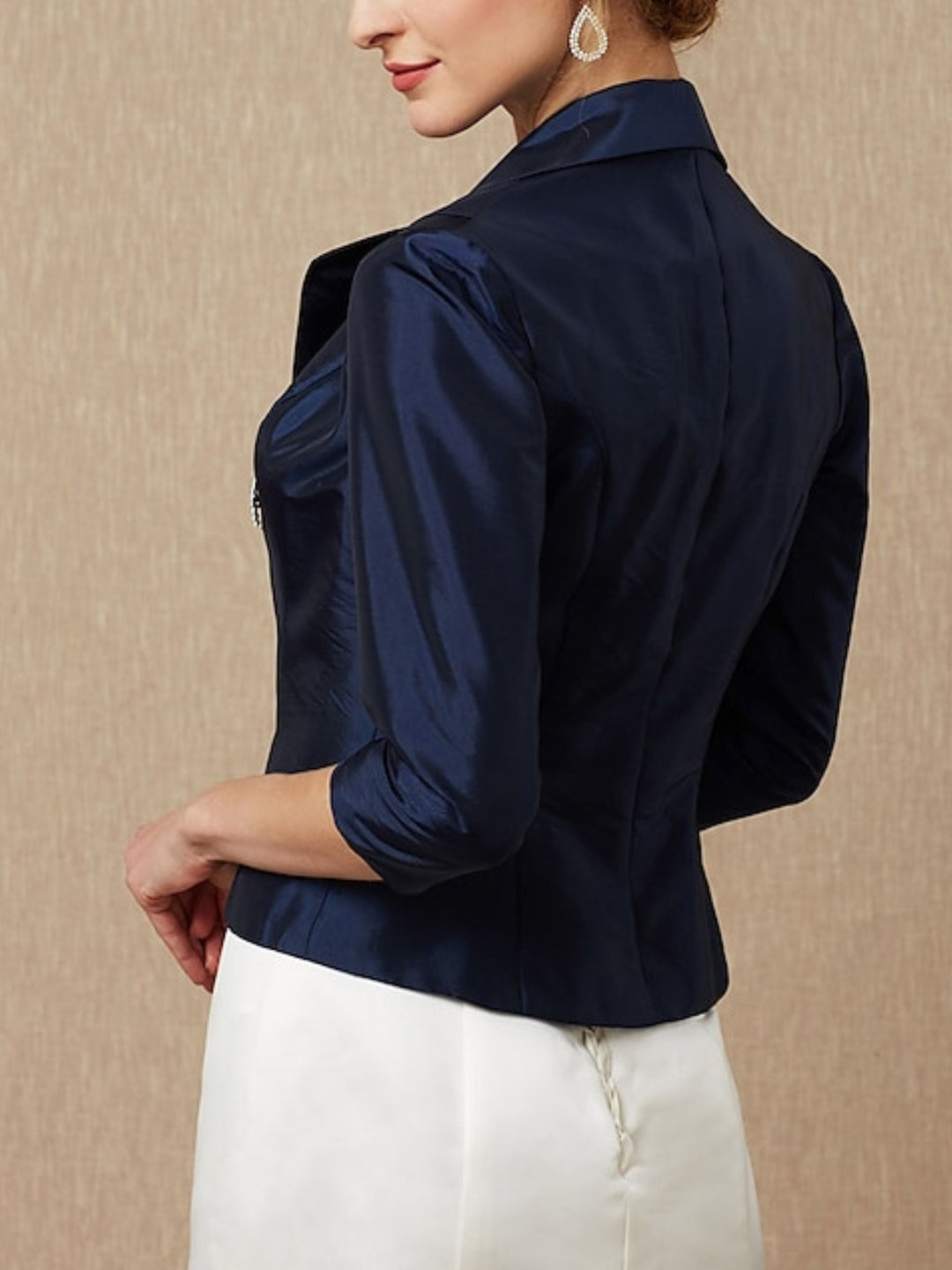 Manteaux/Vestes Élégants en Taffetas Bleu Marine Foncé à Manches 3/4 pour Femmes avec Strass