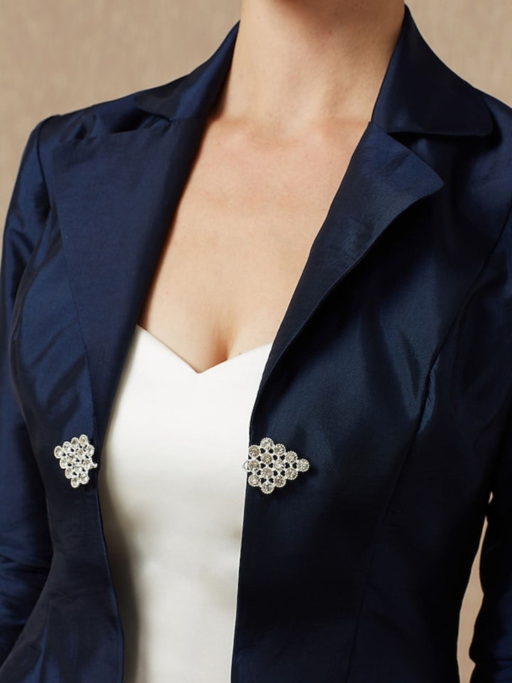 Manteaux/Vestes Élégants en Taffetas Bleu Marine Foncé à Manches 3/4 pour Femmes avec Strass