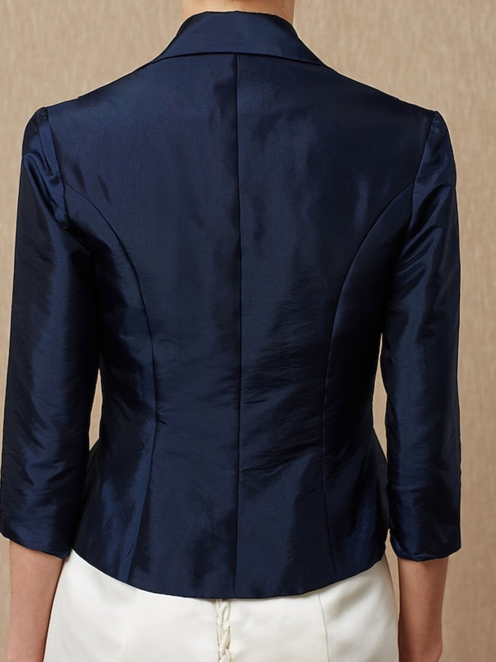 Manteaux/Vestes Élégants en Taffetas Bleu Marine Foncé à Manches 3/4 pour Femmes avec Strass