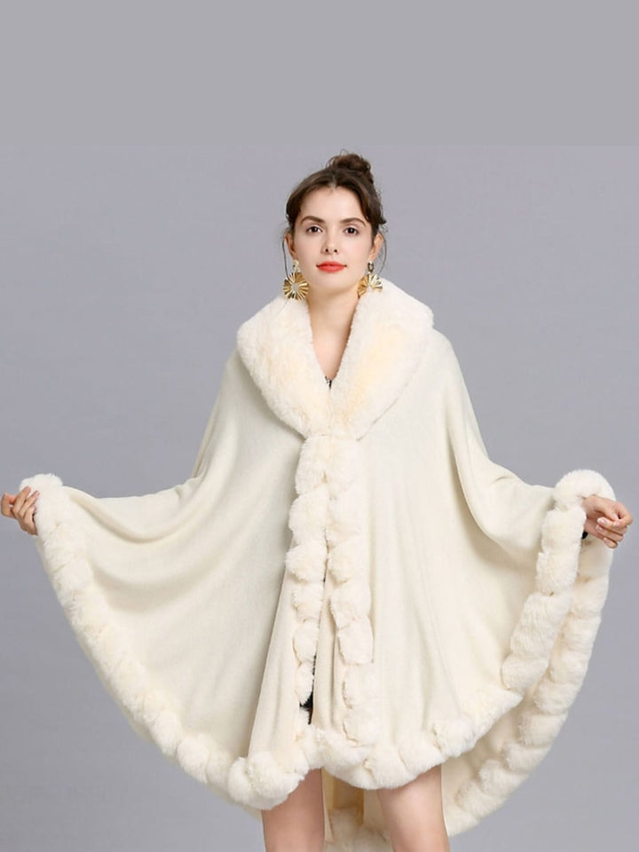 Cape Portefeuille à Manches Longues en Fausse Fourrure Blanche à la Mode pour Femmes avec Couleur Pure