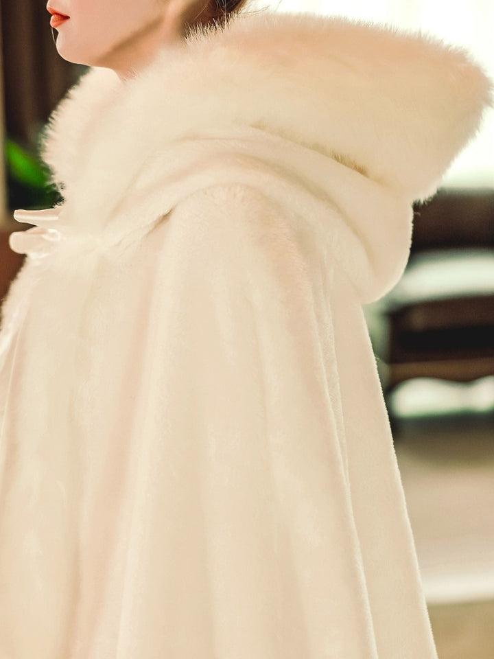 Cape Portefeuille Longue en Fausse Fourrure Blanche Rétro Élégante pour Femmes avec Cravate