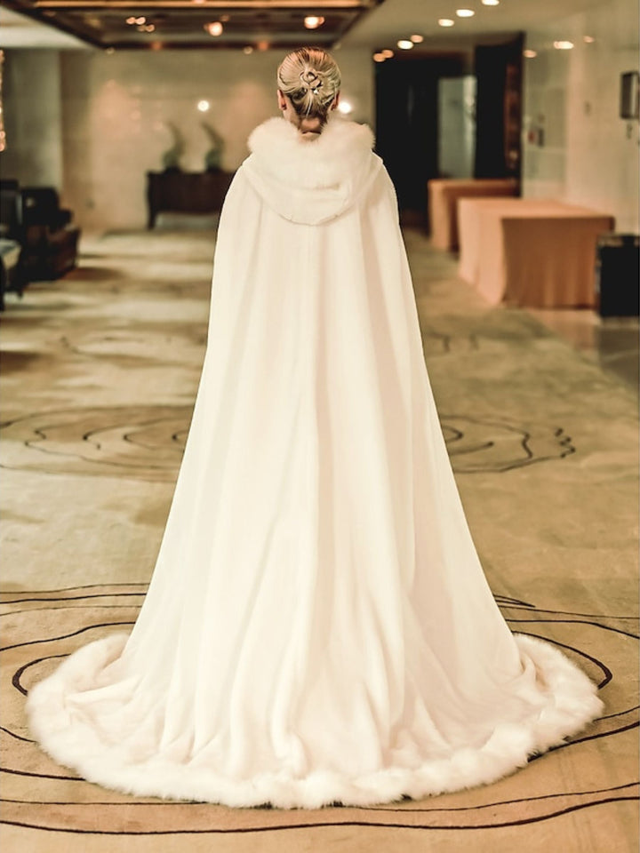 Cape Portefeuille Longue en Fausse Fourrure Blanche Rétro Élégante pour Femmes avec Cravate