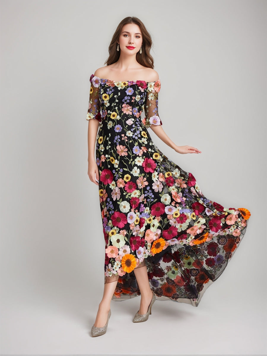 Robe De Soirée Trapèze/Princesse À Épaules Dénudées Et Manches Mi-Longues, Imprimée Florale