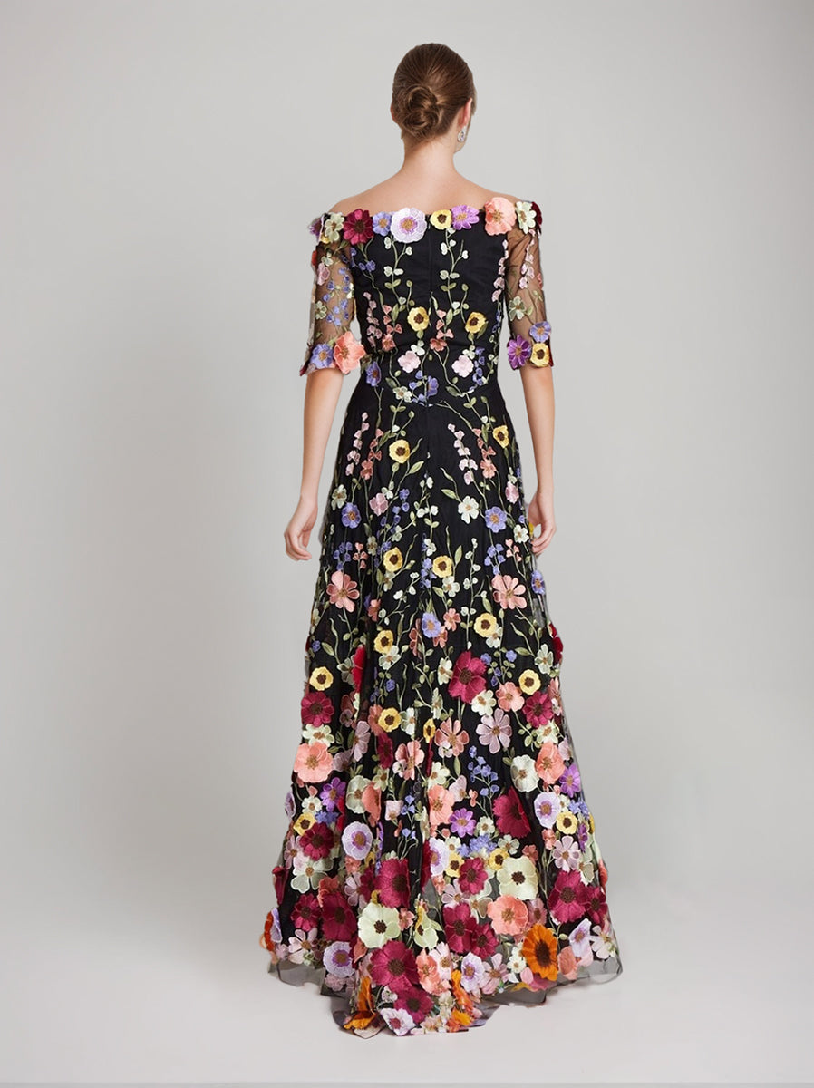 Robe De Soirée Trapèze/Princesse À Épaules Dénudées Et Manches Mi-Longues, Imprimée Florale