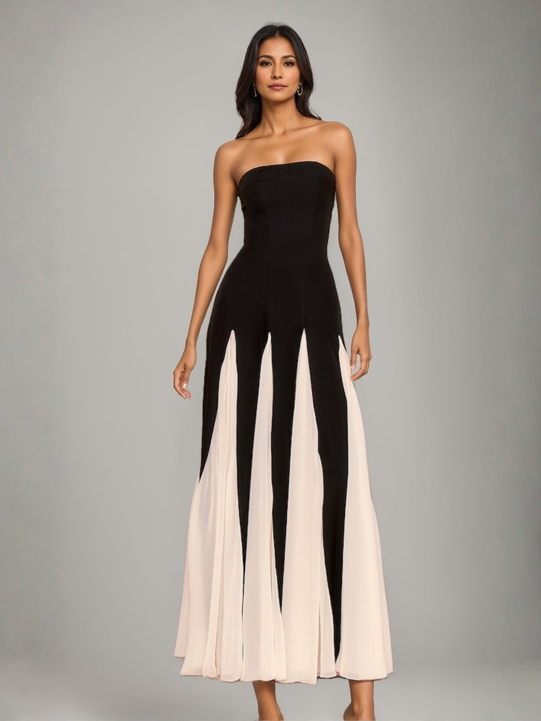 Robe Buste Longue Noire Et Blanche Plissée En Mousseline De Soie