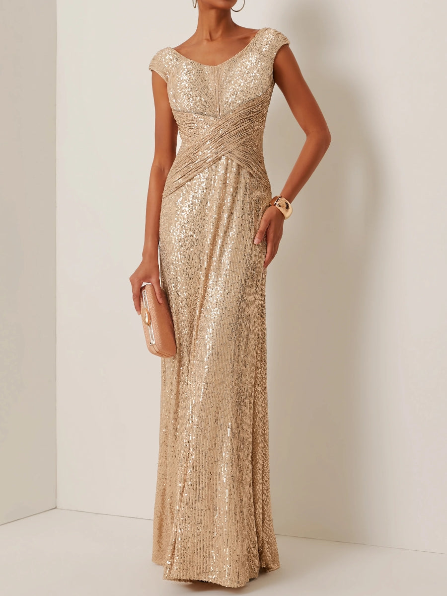 Robe soirée fourreau col rond sequins, sans manches, longueur sol